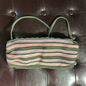 NWT Xhilaration Olive Green Pink Purple Striped Stitched Bikini Top